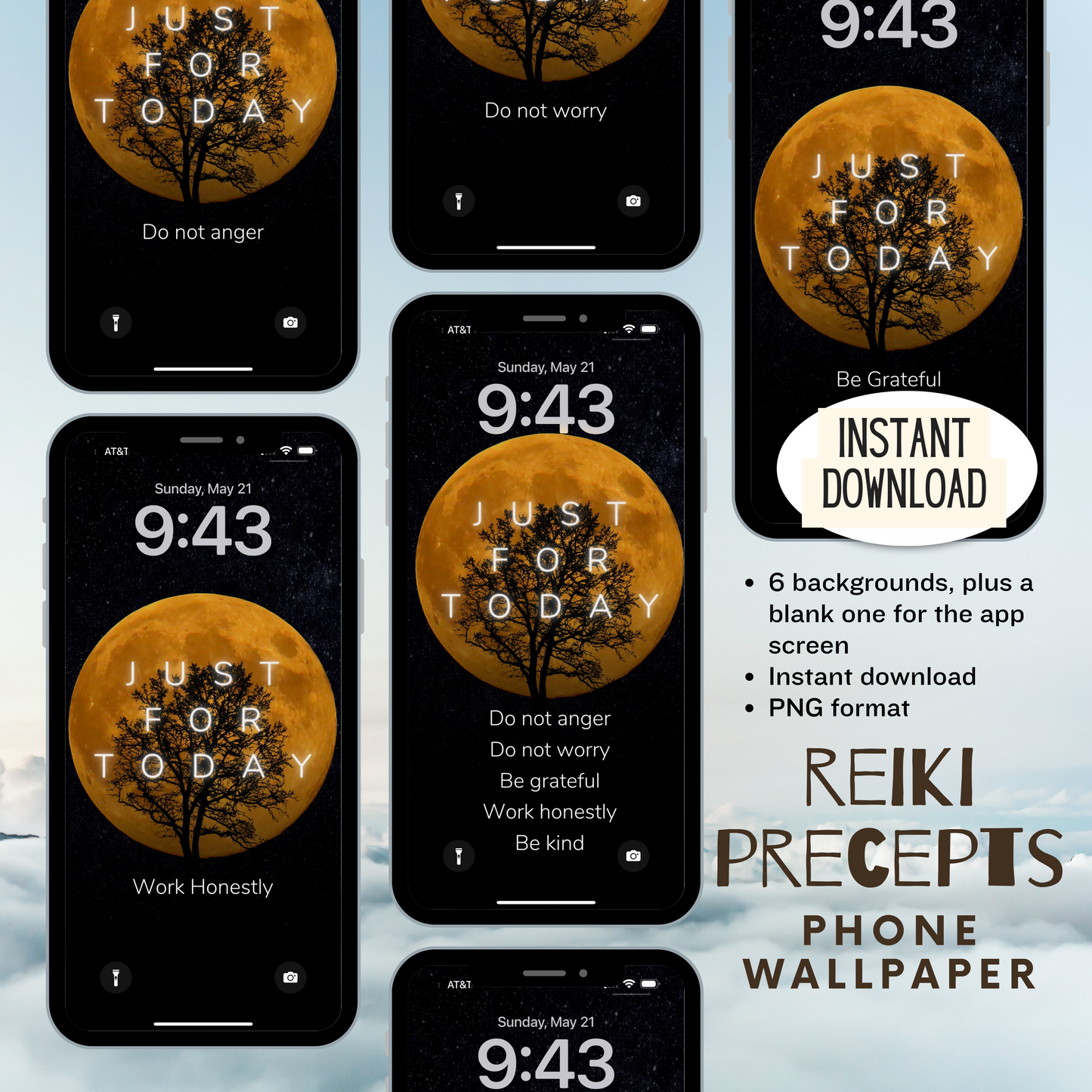 7 Phone Wallpaper files. Red Moon Reiki Precepts | Instant Download