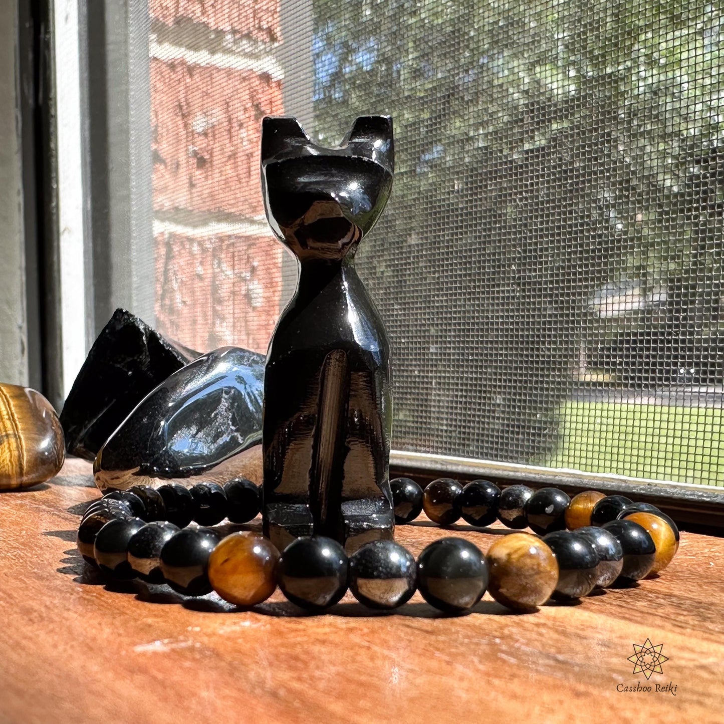 Triple Protection Set: Black Obsidian Cat and Gemstone Bracelet | Cat totem | Cat lover gift