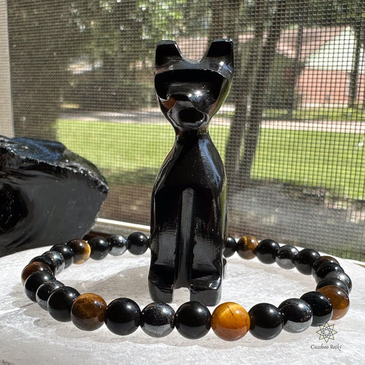 Triple Protection Set: Black Obsidian Cat and Gemstone Bracelet | Cat totem | Cat lover gift