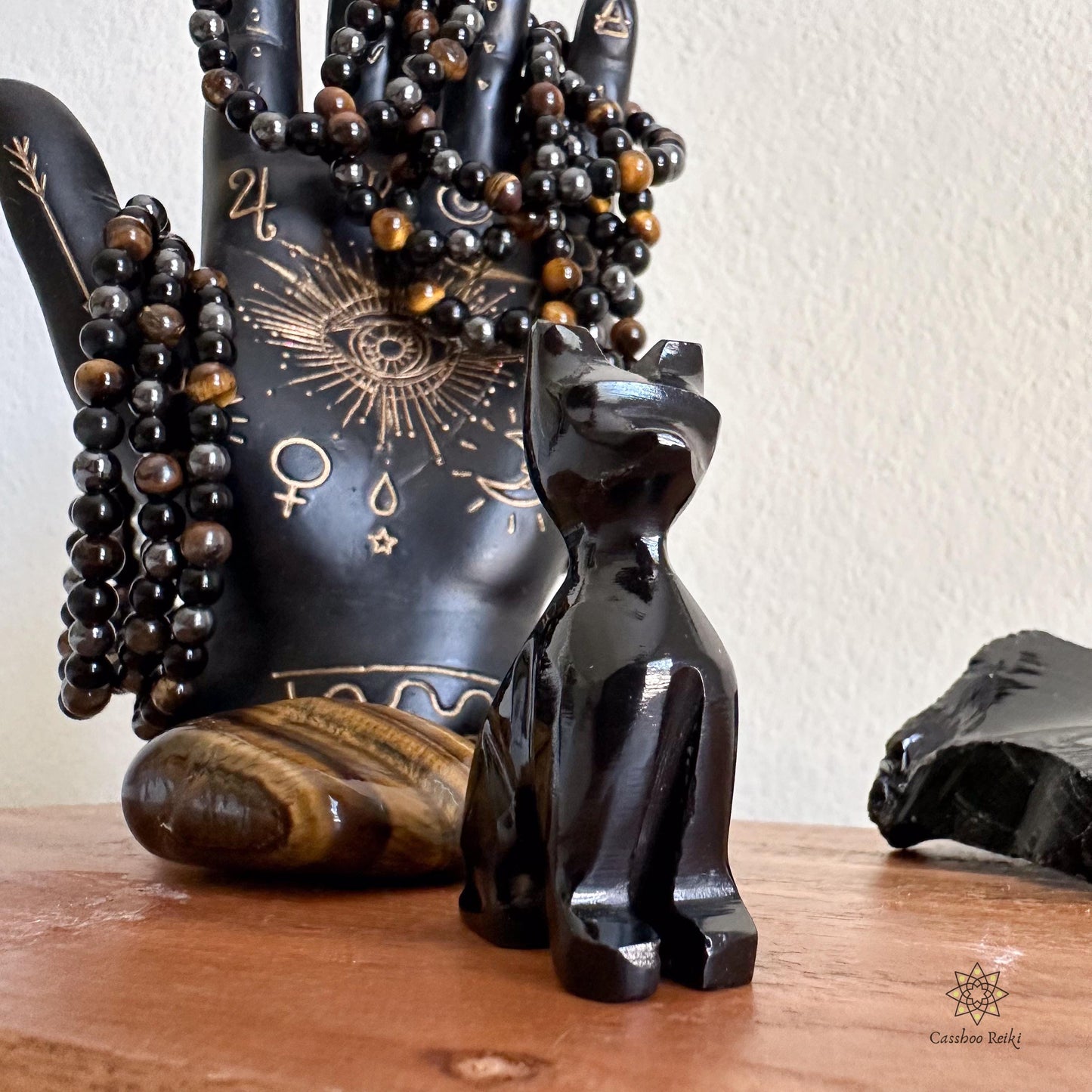 Triple Protection Set: Black Obsidian Cat and Gemstone Bracelet | Cat totem | Cat lover gift