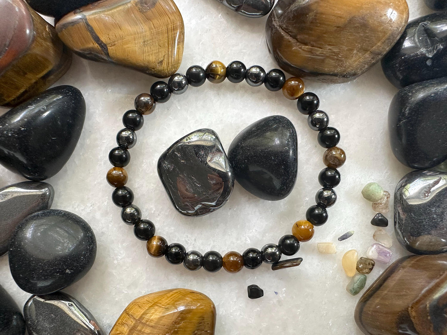 Triple Protection Set: Black Obsidian Cat and Gemstone Bracelet | Cat totem | Cat lover gift