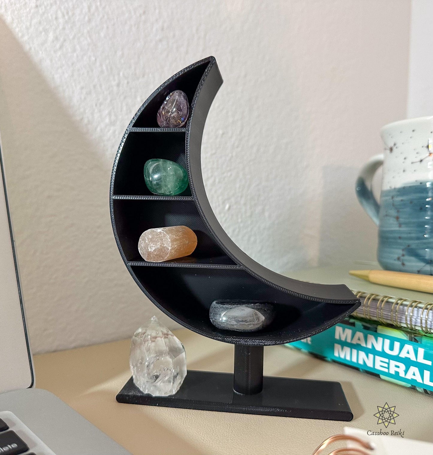 Crystals for Student Desk | Crescent Moon Shelf and Crystal Set | Crystals for the Student | College Dorm Decor