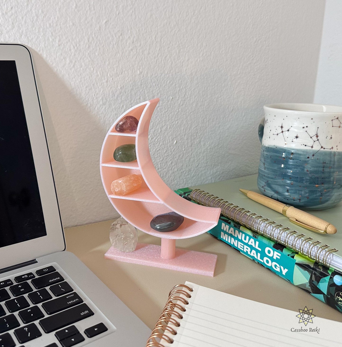 Crystals for Student Desk | Crescent Moon Shelf and Crystal Set | Crystals for the Student | College Dorm Decor