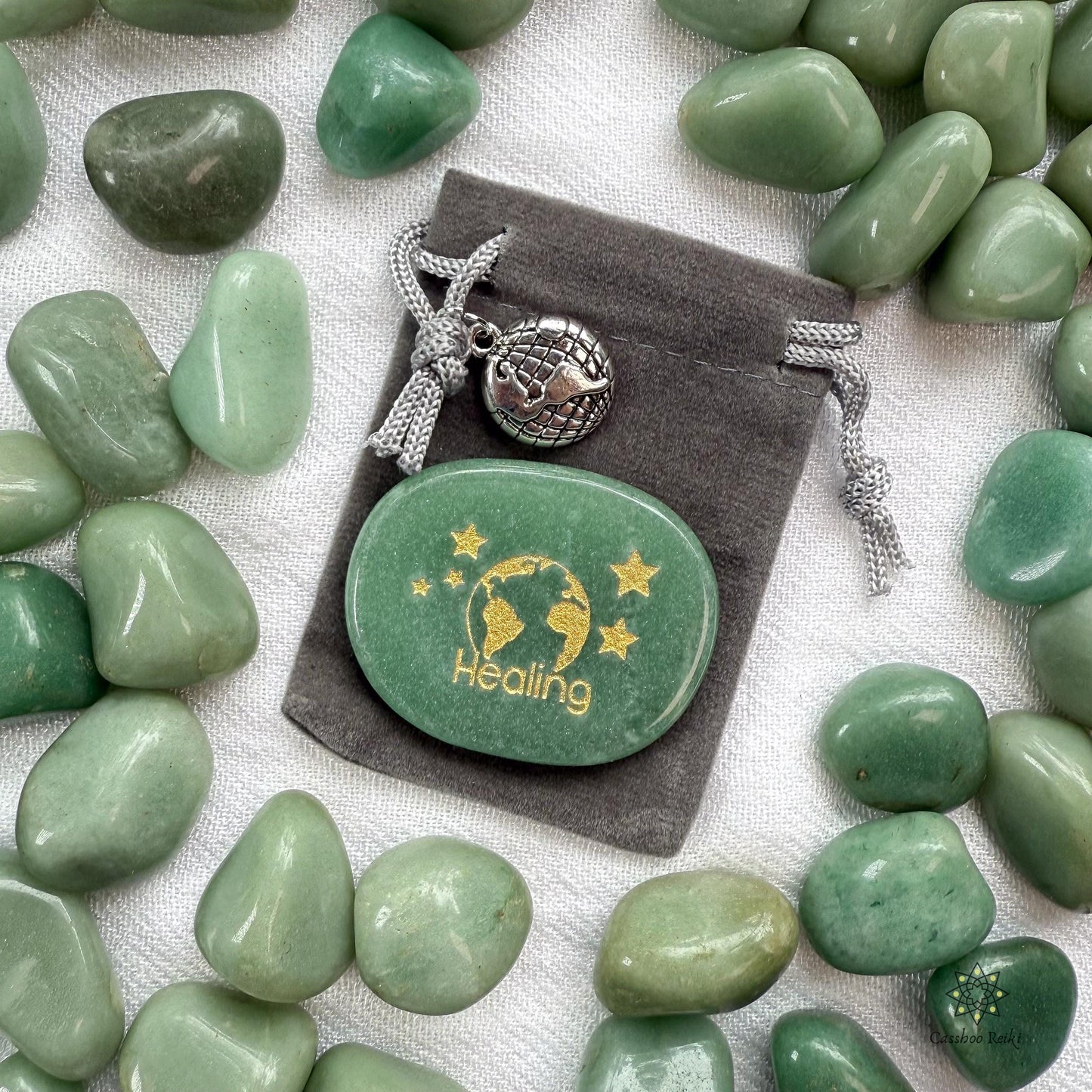 Healing The Planet Palm Stone in Green Aventurine | Green Aventurine Palm Stone | Engraved Pocket stone
