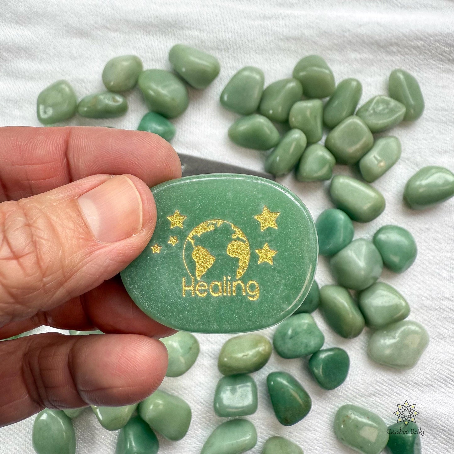 Healing The Planet Palm Stone in Green Aventurine | Green Aventurine Palm Stone | Engraved Pocket stone