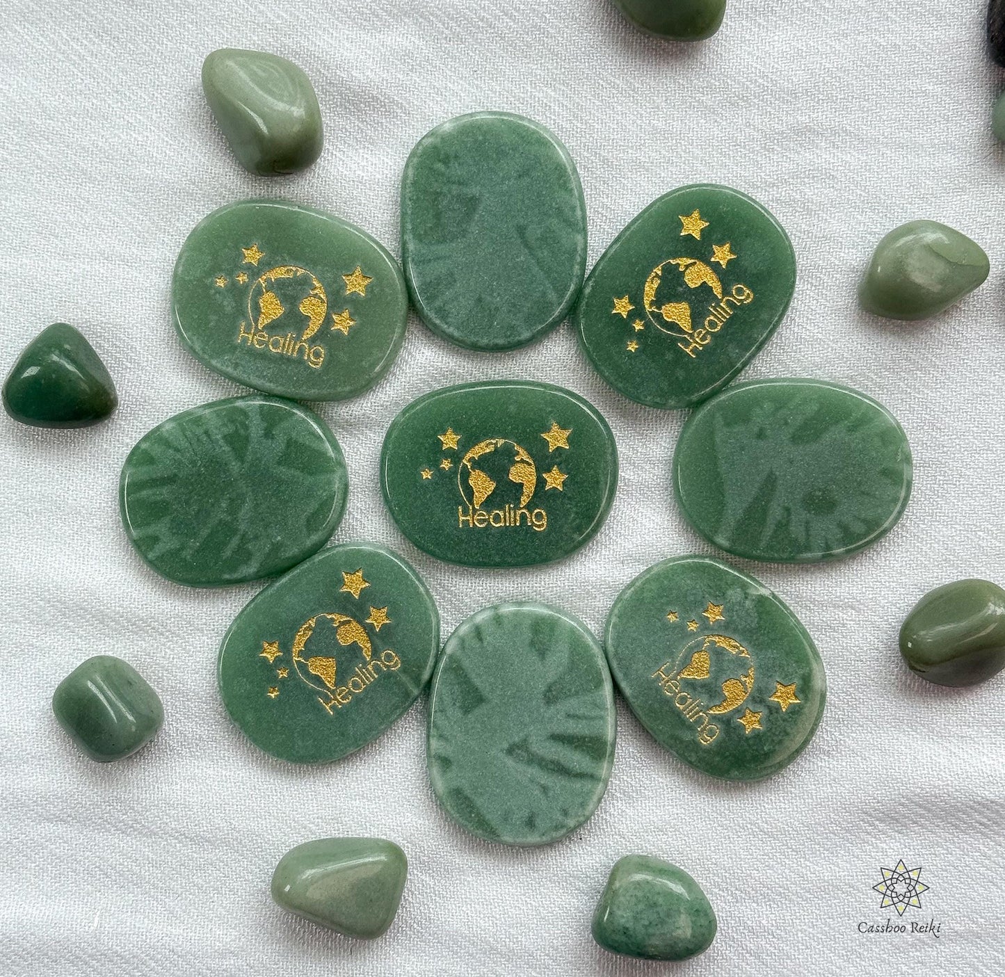 Healing The Planet Palm Stone in Green Aventurine | Green Aventurine Palm Stone | Engraved Pocket stone