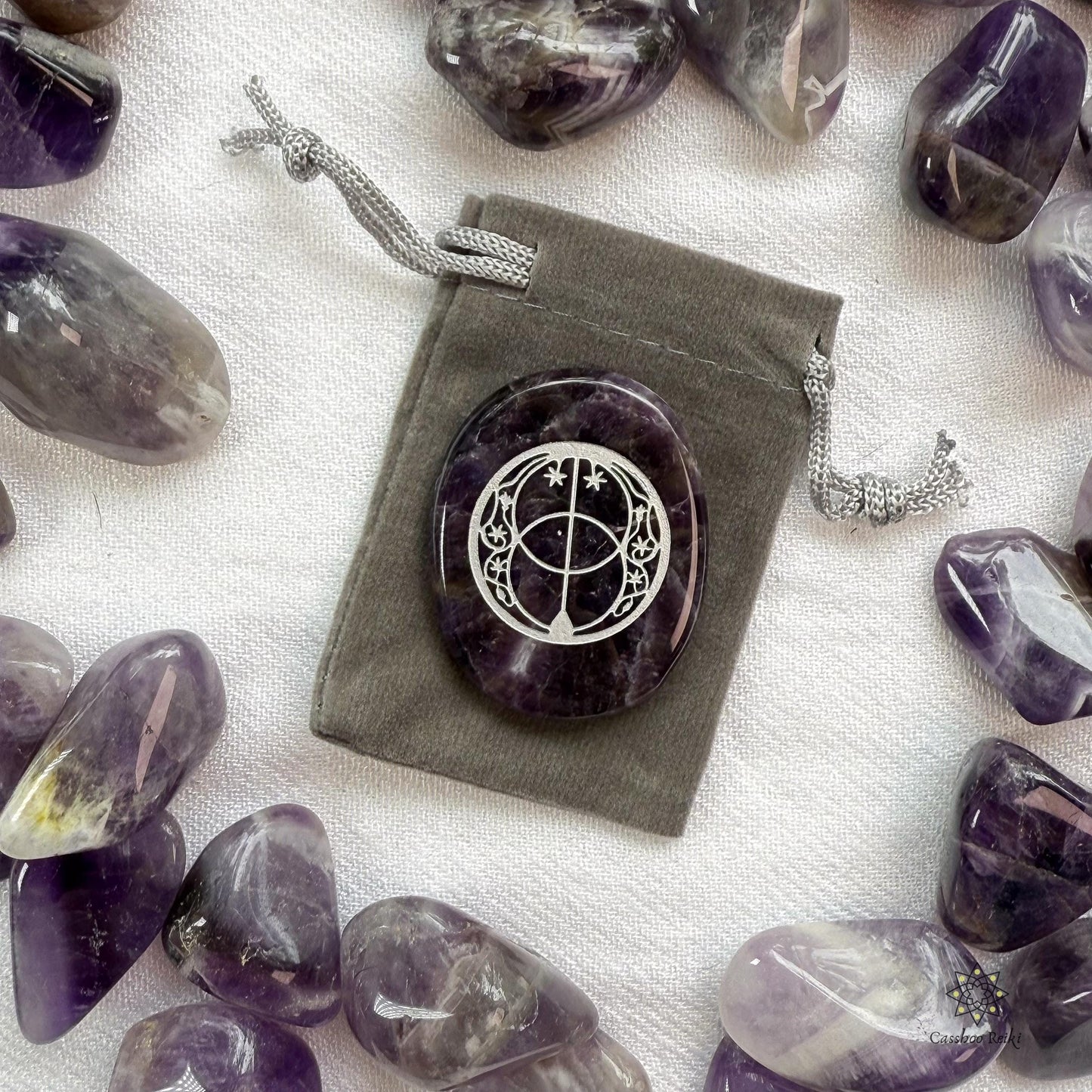 Chalice Well Palm Stones in Chevron Amethyst or Black Obsidian | Vesica Piscis Engraved Palm Stone | Natural Crystal Pocket Stone