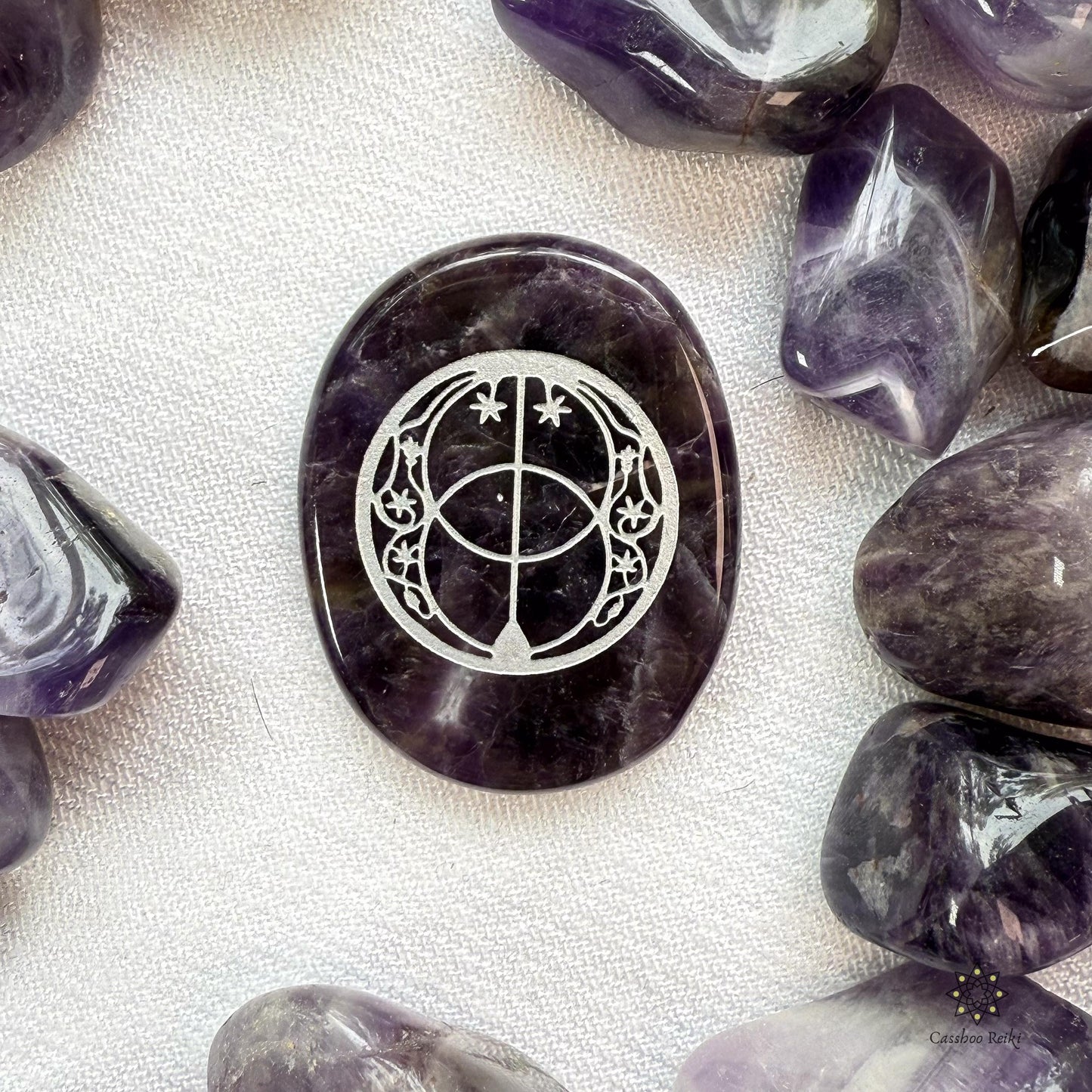 Chalice Well Palm Stones in Chevron Amethyst or Black Obsidian | Vesica Piscis Engraved Palm Stone | Natural Crystal Pocket Stone