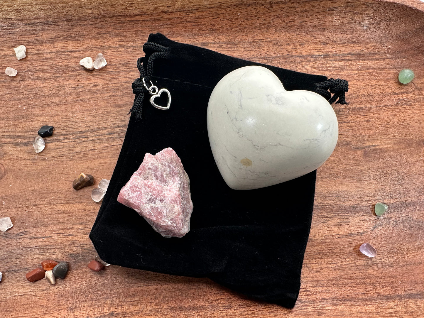 LOVE CELEBRATIONS. Universal Love Rhodocrosite crystal and Palm Stone Set