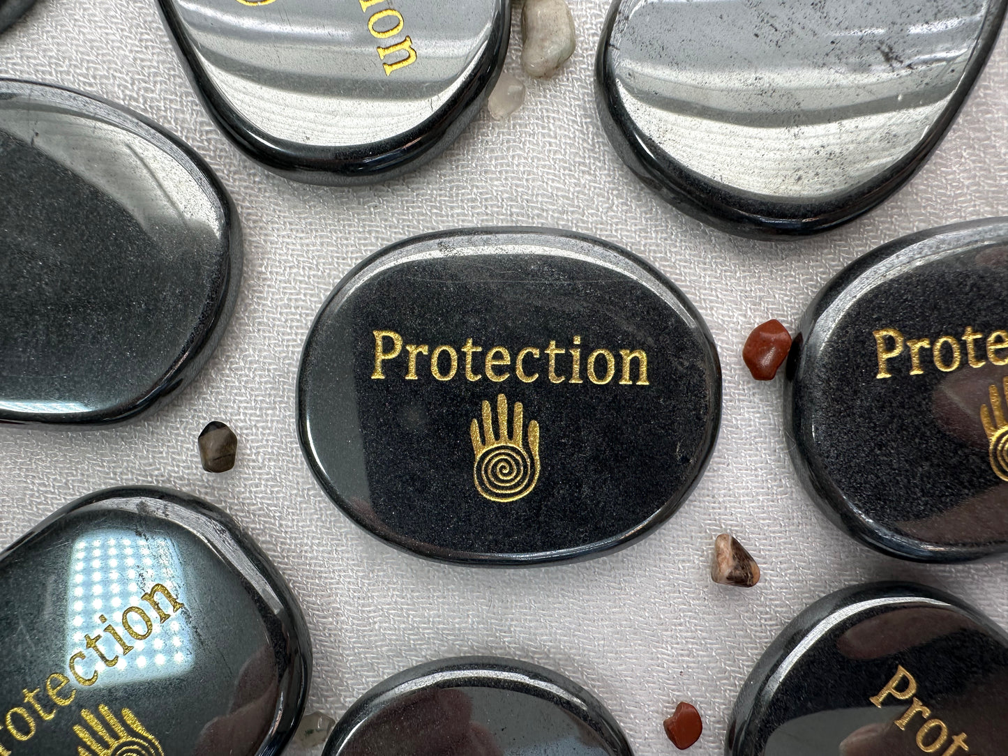 "Protection" Engraved Palm Stone in Hematite