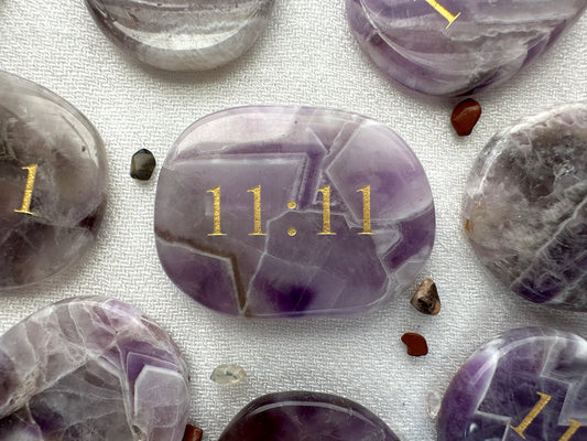 11:11 Engraved Palm Stone in Chevron Amethyst