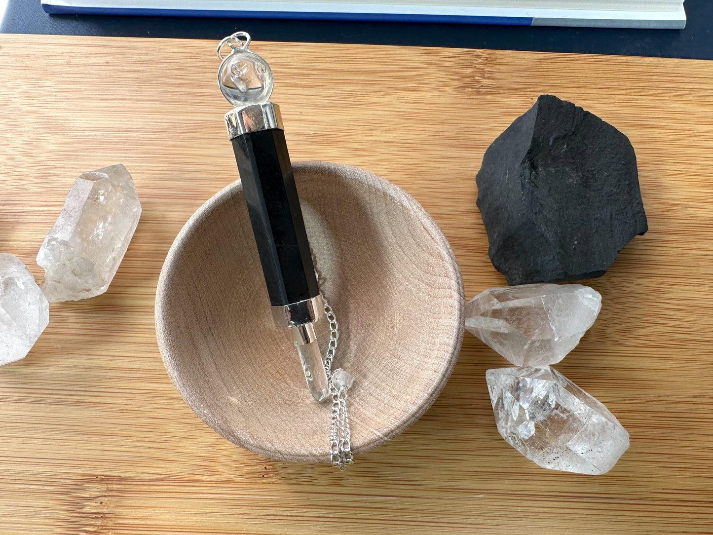 Shungite and Clear Quartz Pendulum Wand with Wooden Bowl