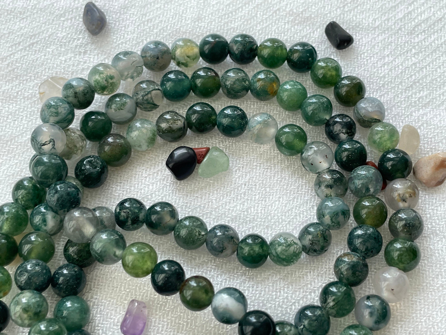 Moss Agate 108 Prayer Bead Collar & Wrist Mala. Elastic