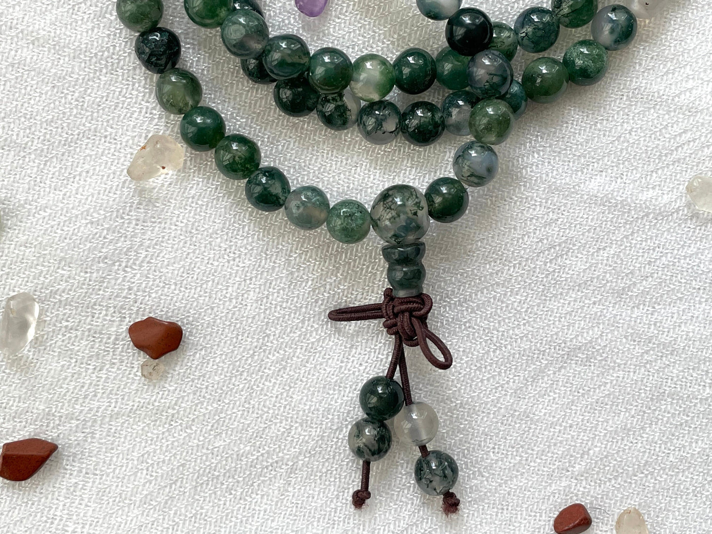 Moss Agate 108 Prayer Bead Collar & Wrist Mala. Elastic