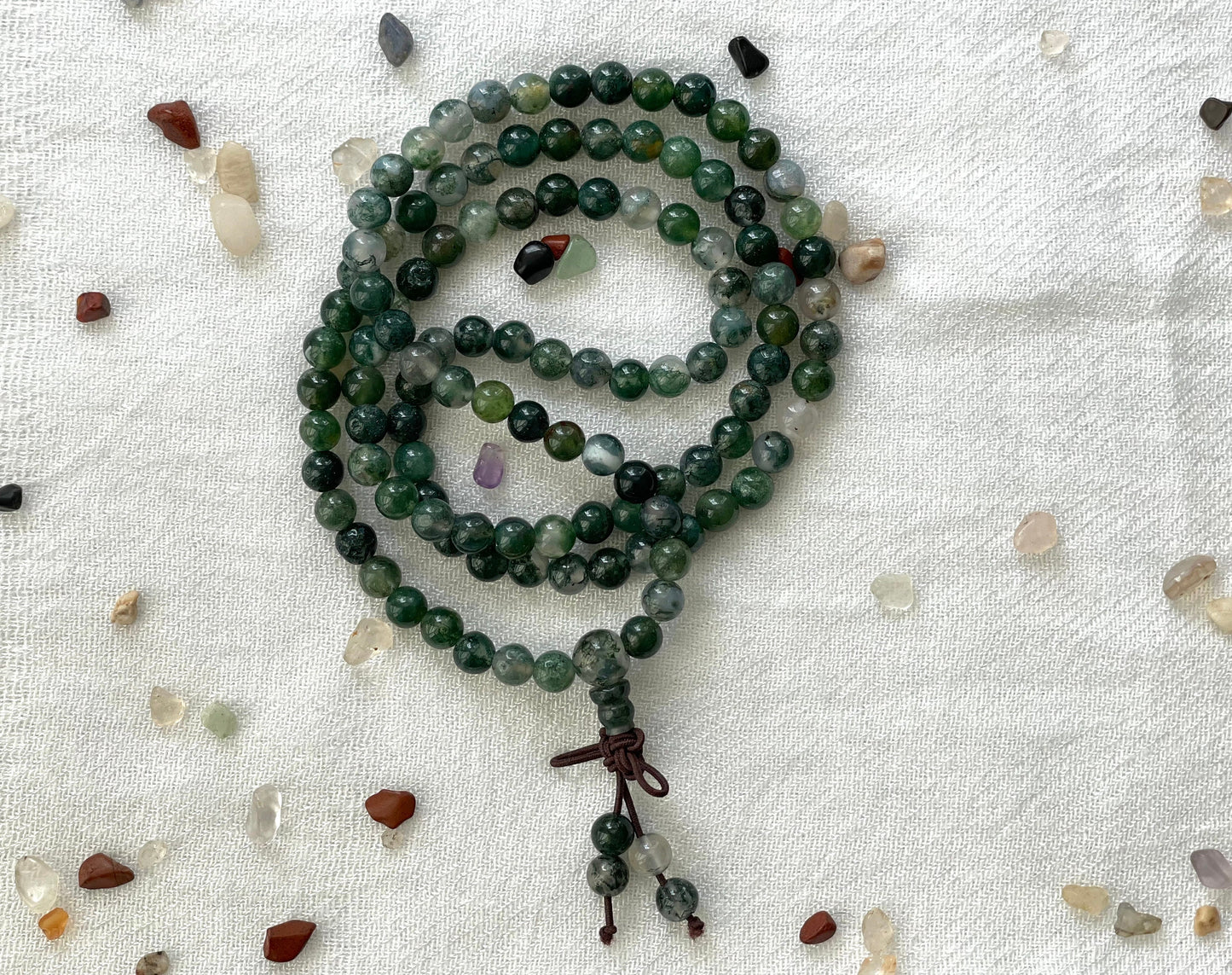 Moss Agate 108 Prayer Bead Collar & Wrist Mala. Elastic