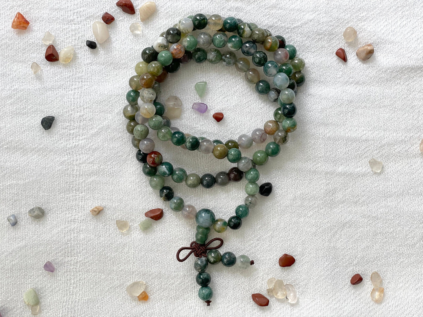 Indian Agate 108 Prayer Beads Necklace and Wrist Mala. Elastic