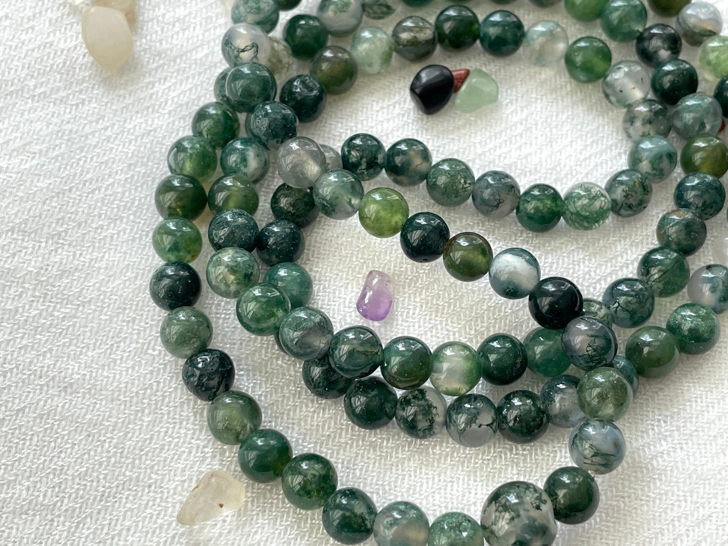 Moss Agate 108 Prayer Bead Collar & Wrist Mala. Elastic