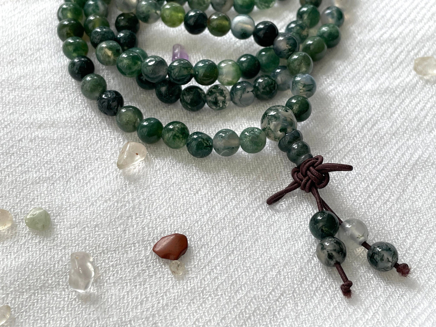 Moss Agate 108 Prayer Bead Collar & Wrist Mala. Elastic