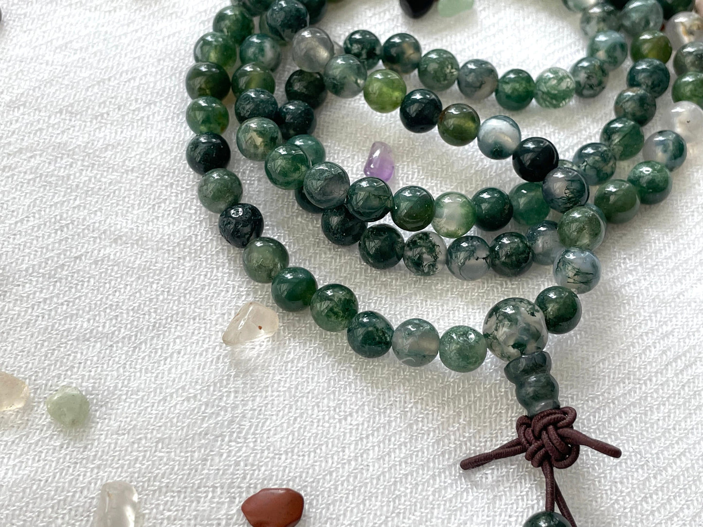 Moss Agate 108 Prayer Bead Collar & Wrist Mala. Elastic