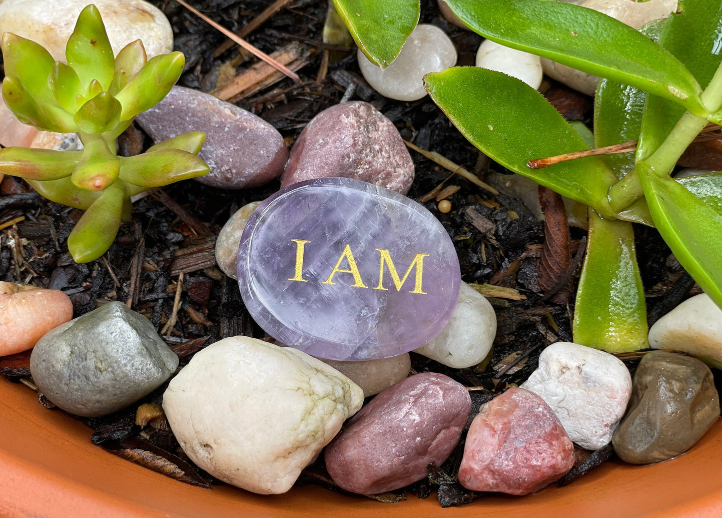 I AM Mantra in Chevron Amethyst | Engraved Palm Stone | Crystal Pocket Stone | Aries Zodiac Mantra Stone | Crown Chakra Mantra Stone