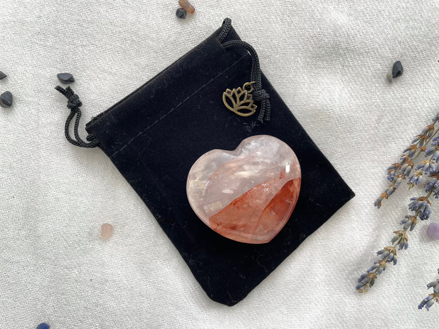 Natural Hematoid Quartz Heart and crystals points for grid | Fire Quartz Palm Stone | Crystal Carved Palm Stone