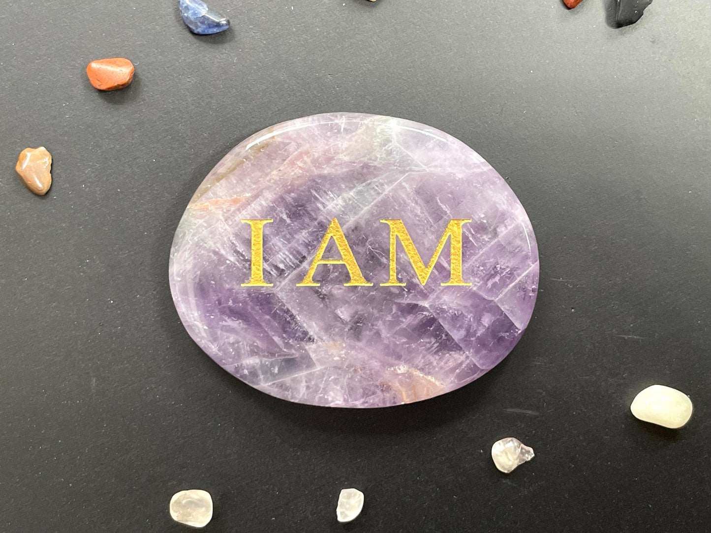 I AM Mantra in Chevron Amethyst | Engraved Palm Stone | Crystal Pocket Stone | Aries Zodiac Mantra Stone | Crown Chakra Mantra Stone