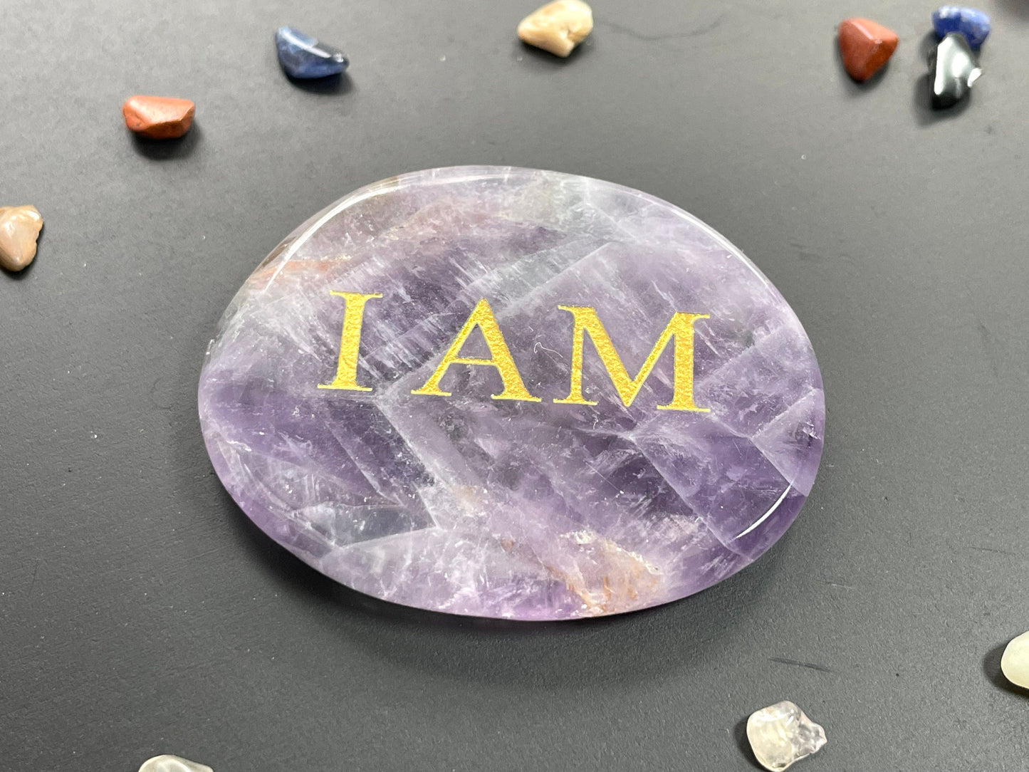 I AM Mantra in Chevron Amethyst | Engraved Palm Stone | Crystal Pocket Stone | Aries Zodiac Mantra Stone | Crown Chakra Mantra Stone