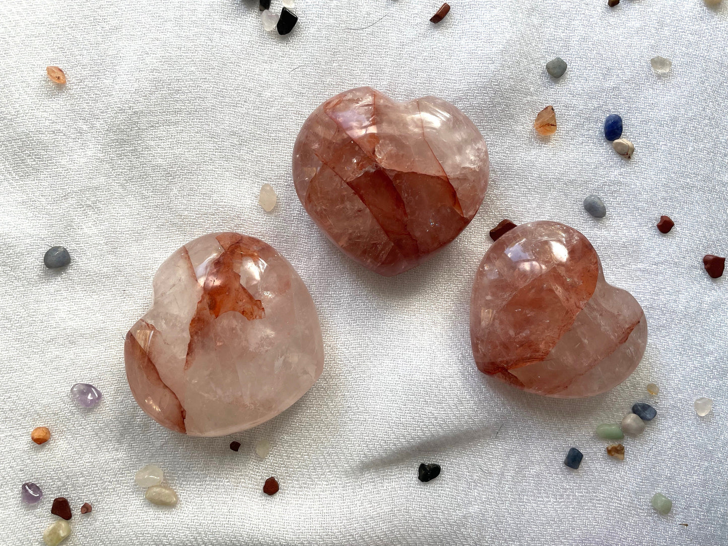 Natural Hematoid Quartz Heart and crystals points for grid | Fire Quartz Palm Stone | Crystal Carved Palm Stone