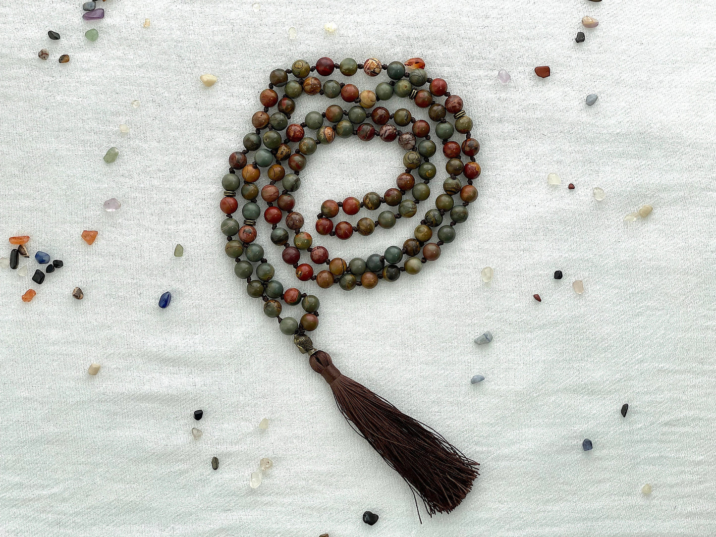 Picasso Jasper 108 Mala Bead Necklace. Knotted