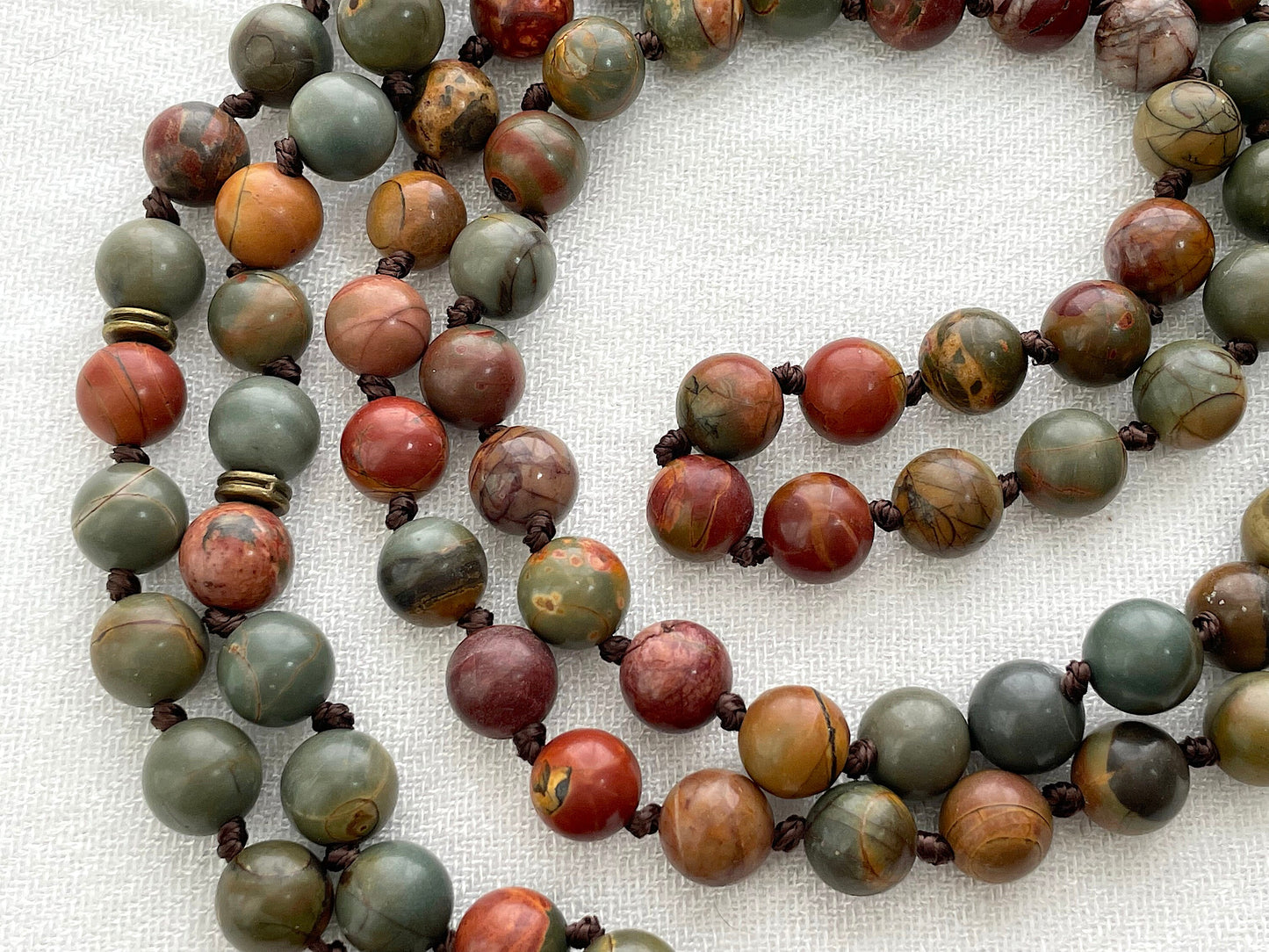 Picasso Jasper 108 Mala Bead Necklace. Knotted