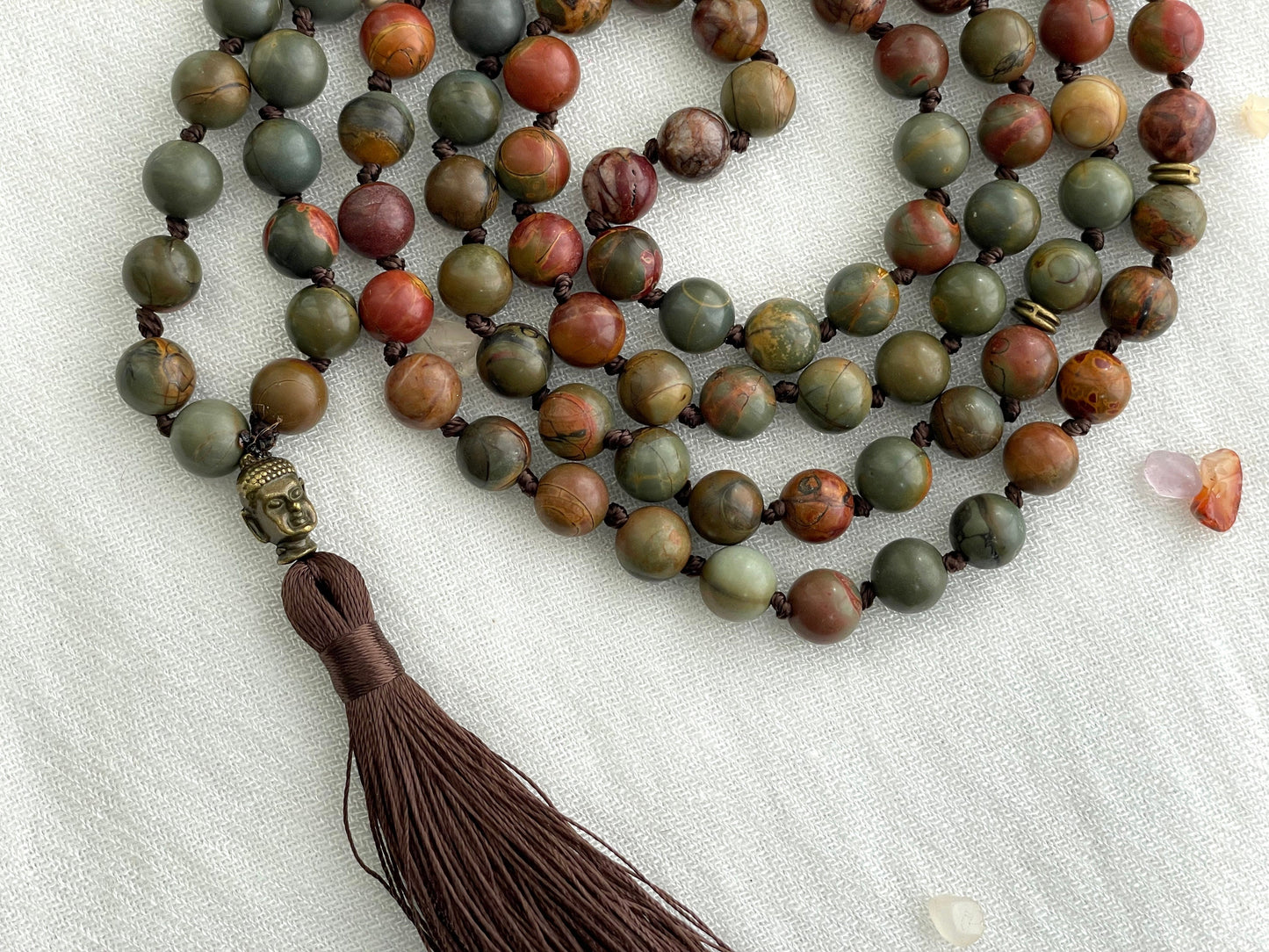 Picasso Jasper 108 Mala Bead Necklace. Knotted