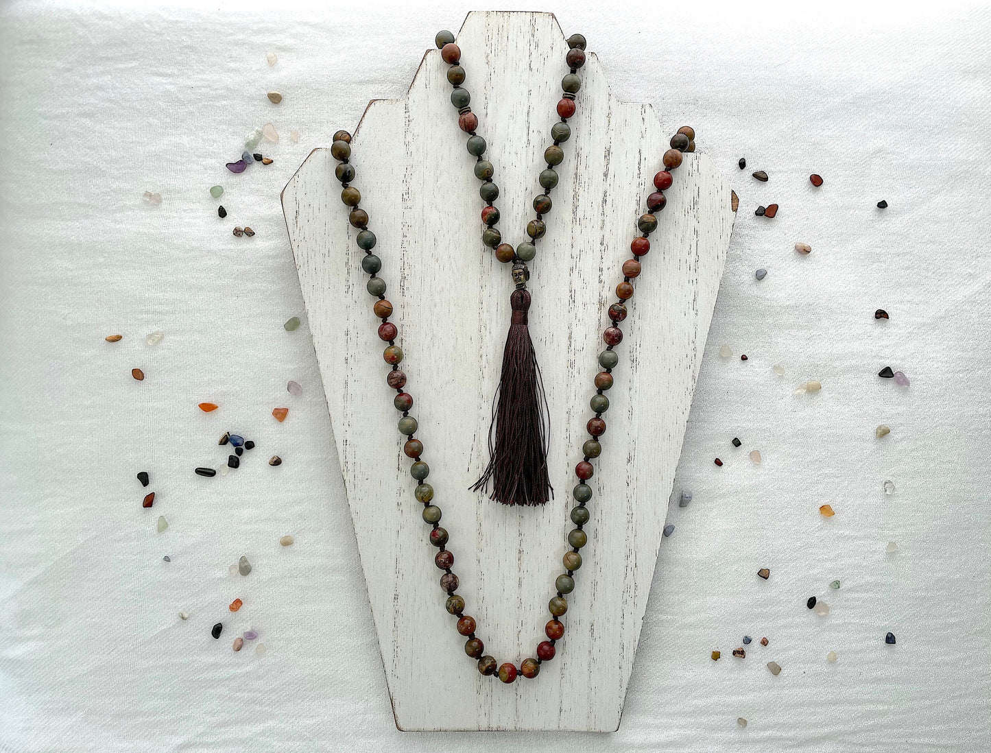 Picasso Jasper 108 Mala Bead Necklace. Knotted