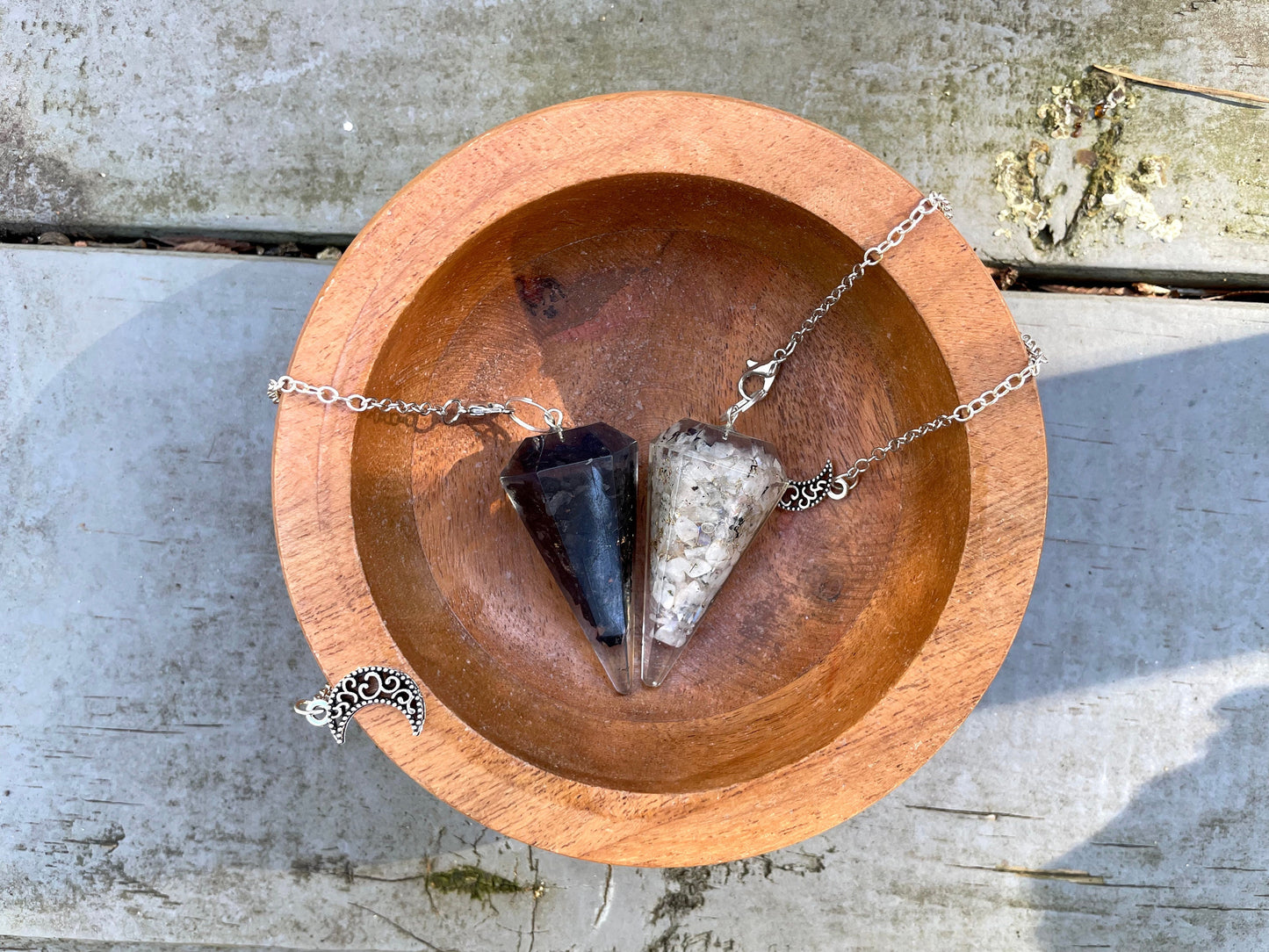 Full Moon/New Moon Orgone Pendulums. Sold by set or separate. Mini wooden bowl included