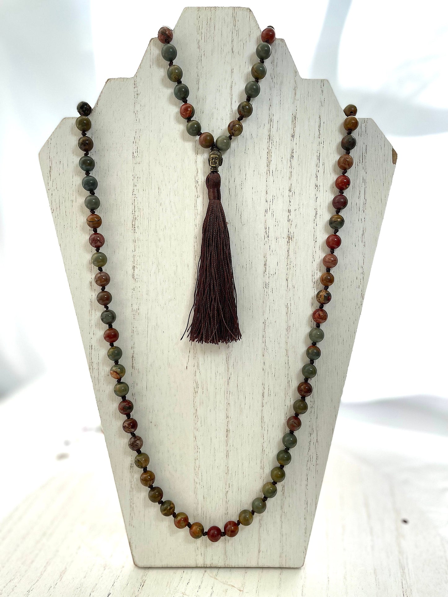 Picasso Jasper 108 Mala Bead Necklace. Knotted