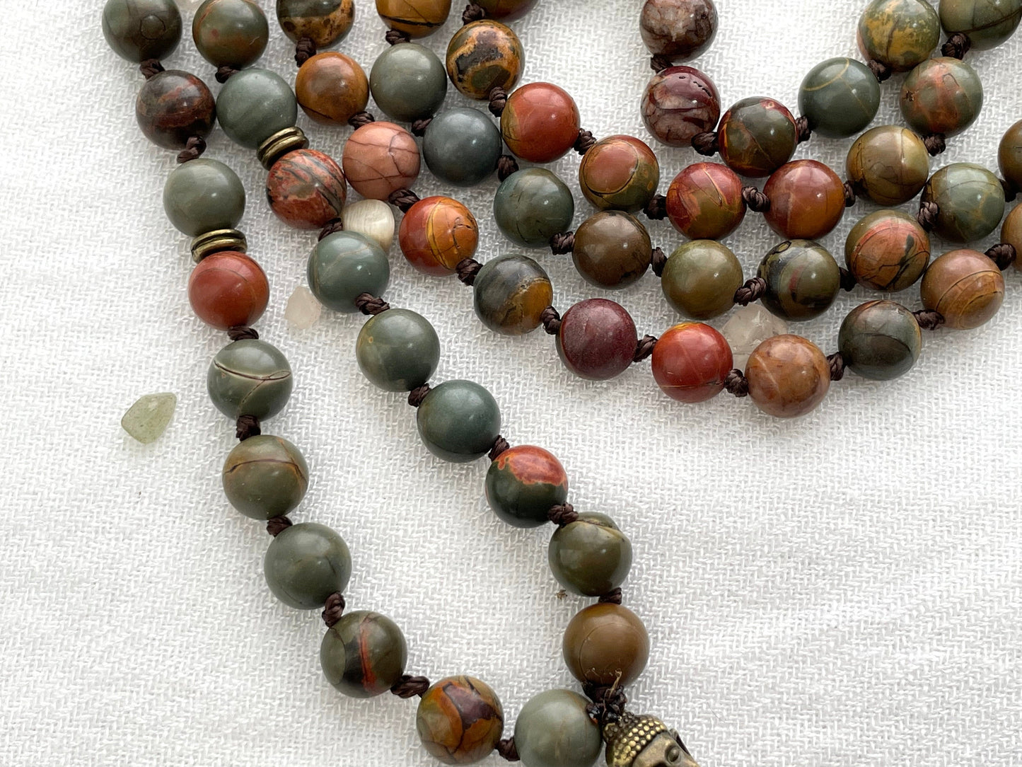 Picasso Jasper 108 Mala Bead Necklace. Knotted