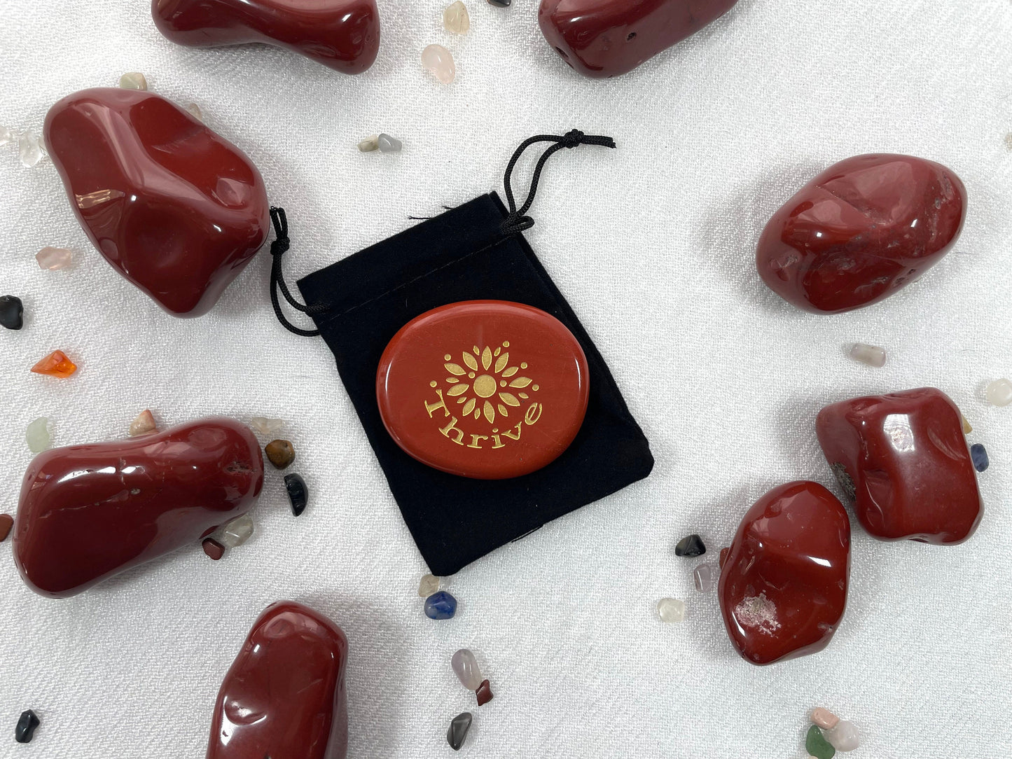 "Thrive" Engraved Palm Stone in Red Jasper