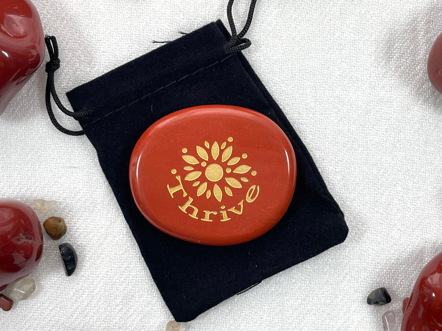 "Thrive" Engraved Palm Stone in Red Jasper