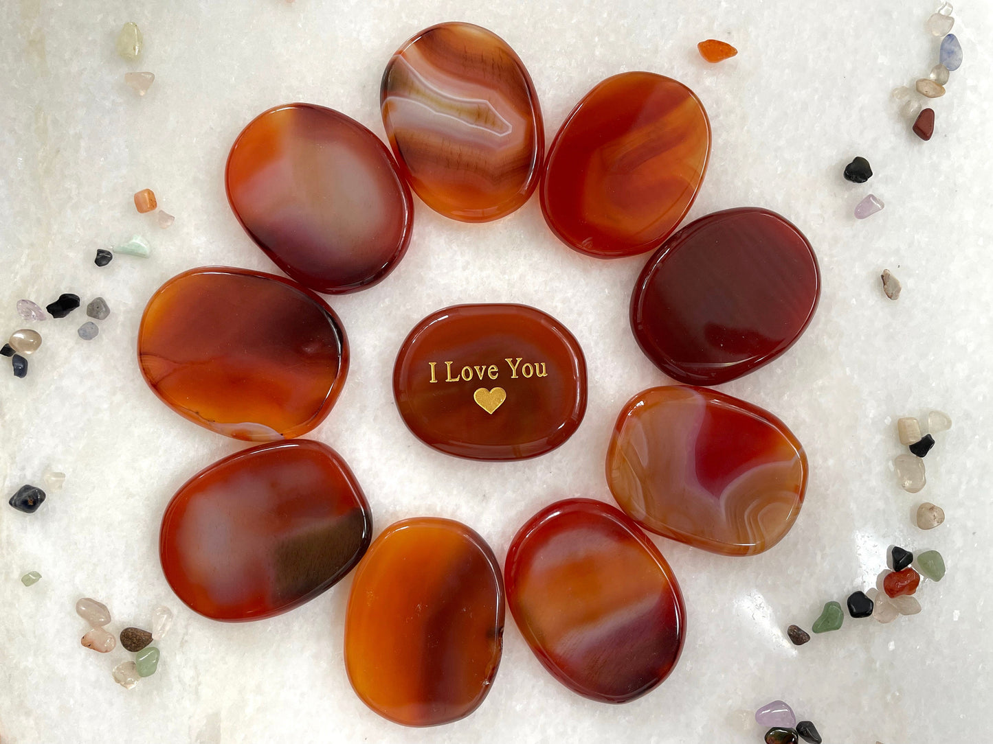 Engraved Palm Stone. I Love you in Carnelian