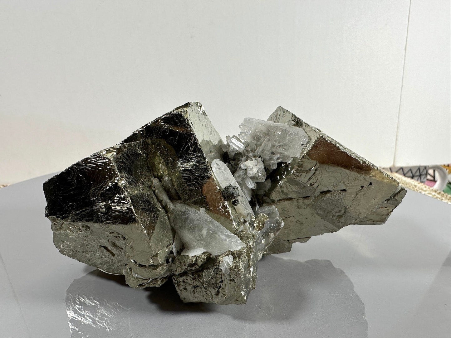 Cubic Pyrite and Clear Quartz Cluster 1.48 lb . Collector item