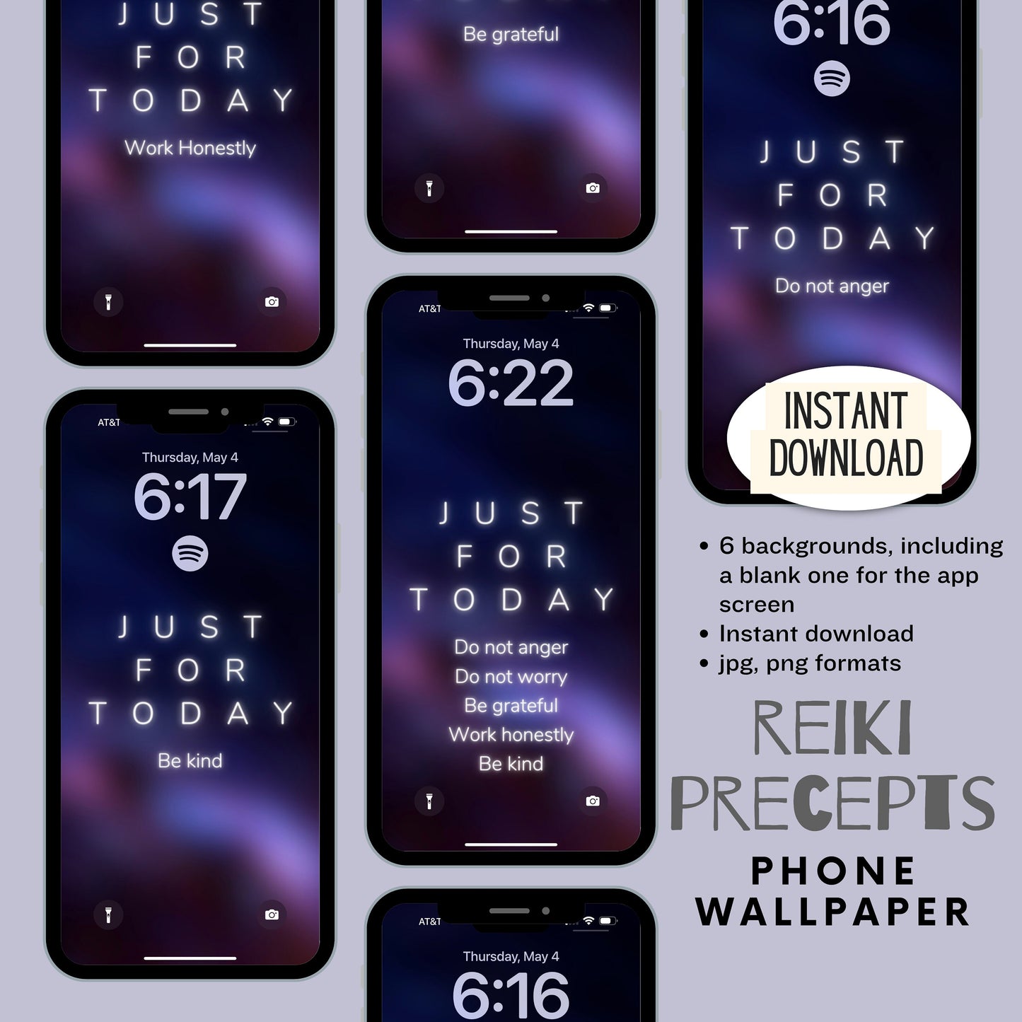 7 Phone Wallpaper Files. Purple Minimalist Reiki Precepts | Instant Download