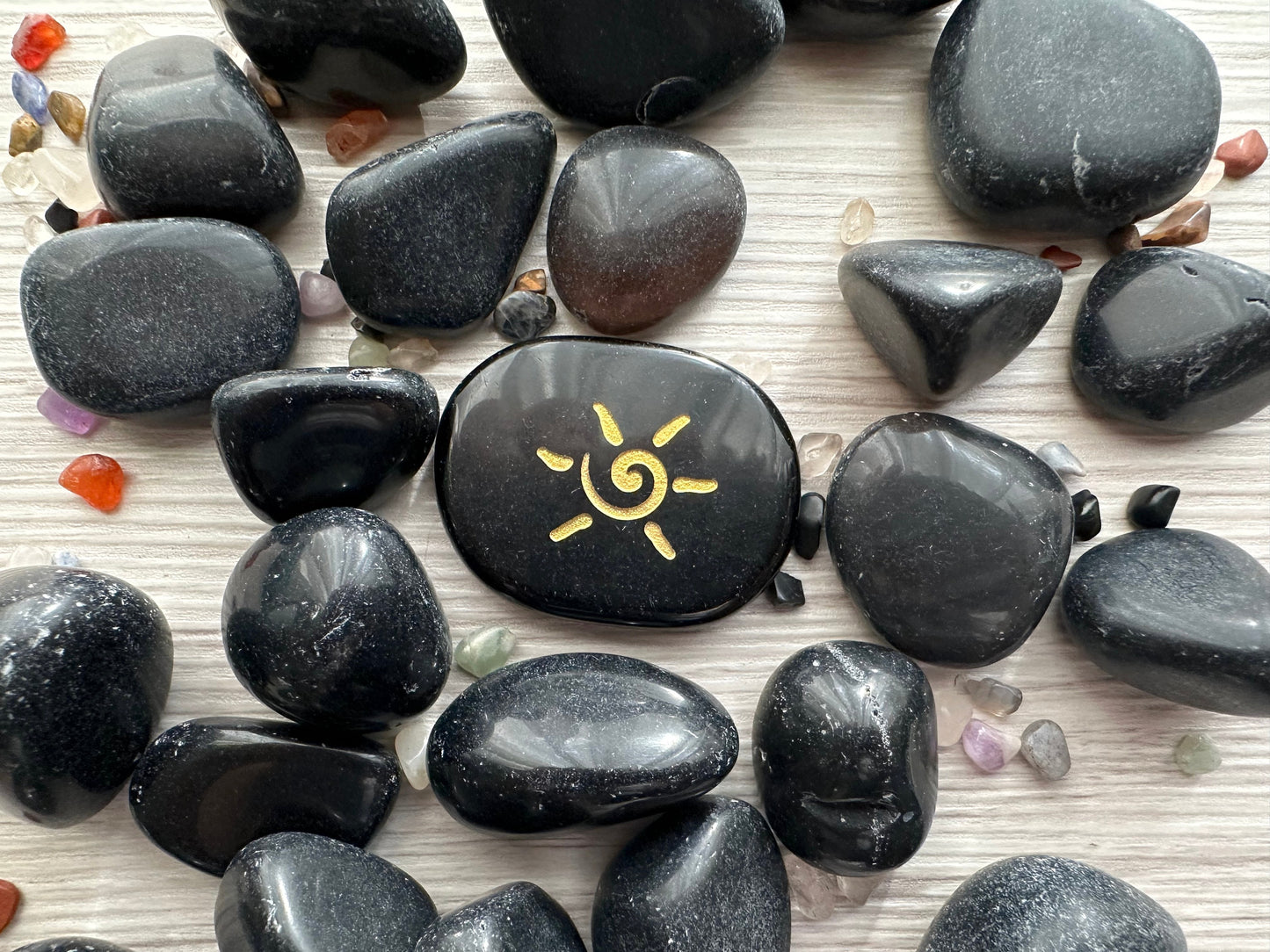 Energy Spiral in black Obsidian, Engraved Palm Stone