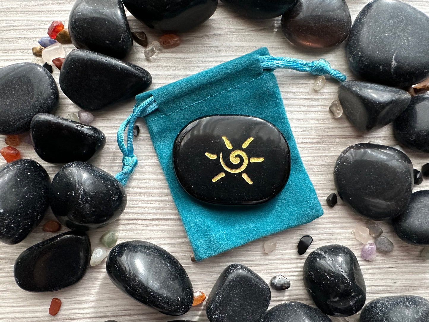 Energy Spiral in black Obsidian, Engraved Palm Stone