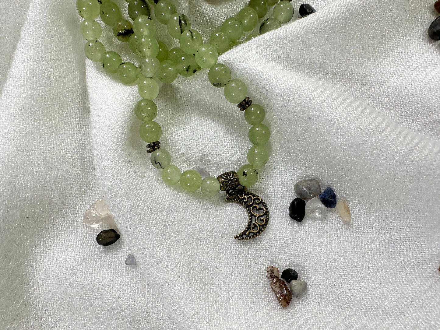 Prehnite Prayer Beads & Wrist Mala. Elastic