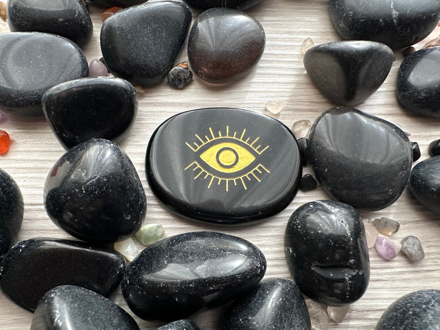 Third Eye in Obsidian, Engraved Palm Stone