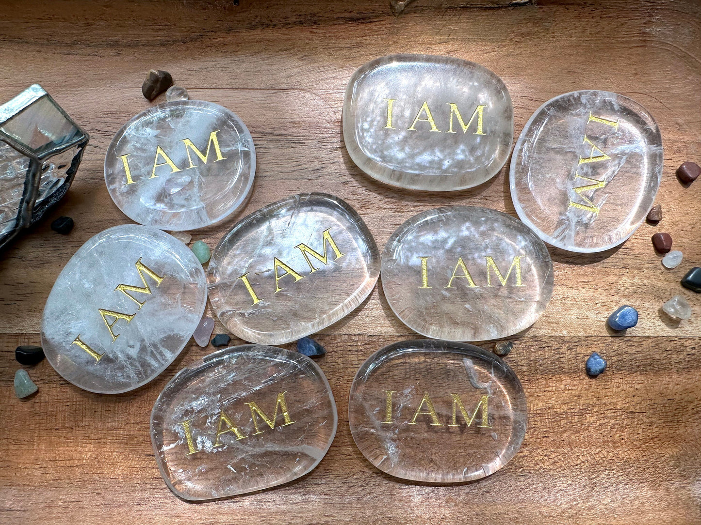 I AM Mantra in Clear Quartz | Engraved Palm Stone | Aries Zodiac Mantra | Crown chakra mantra