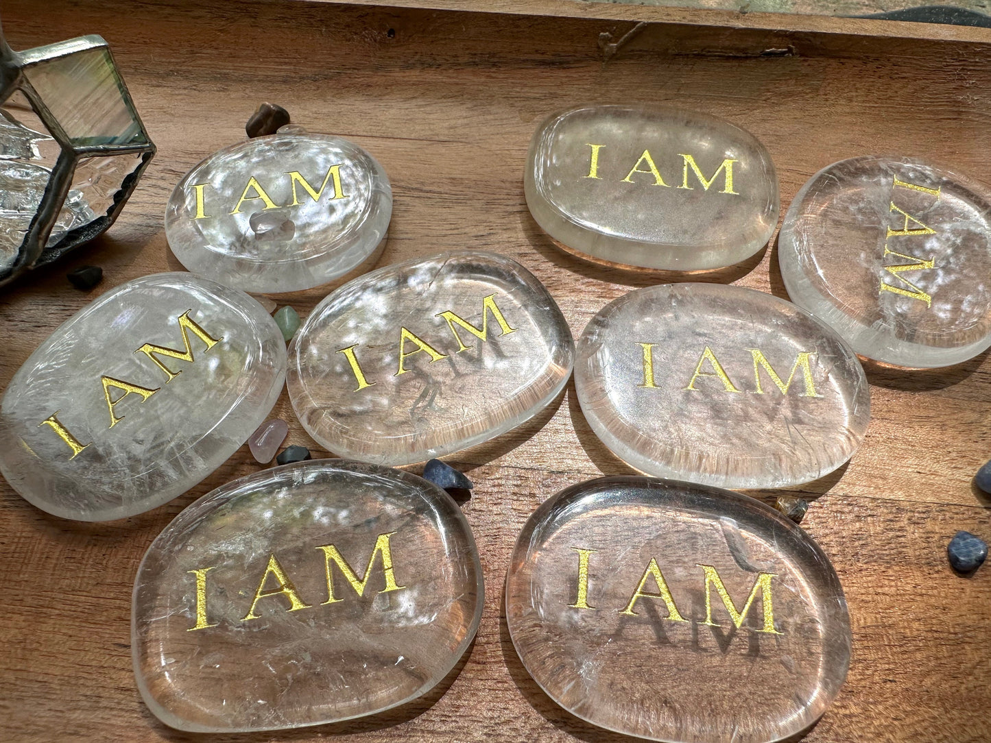 I AM Mantra in Clear Quartz. Engraved Palm Stone