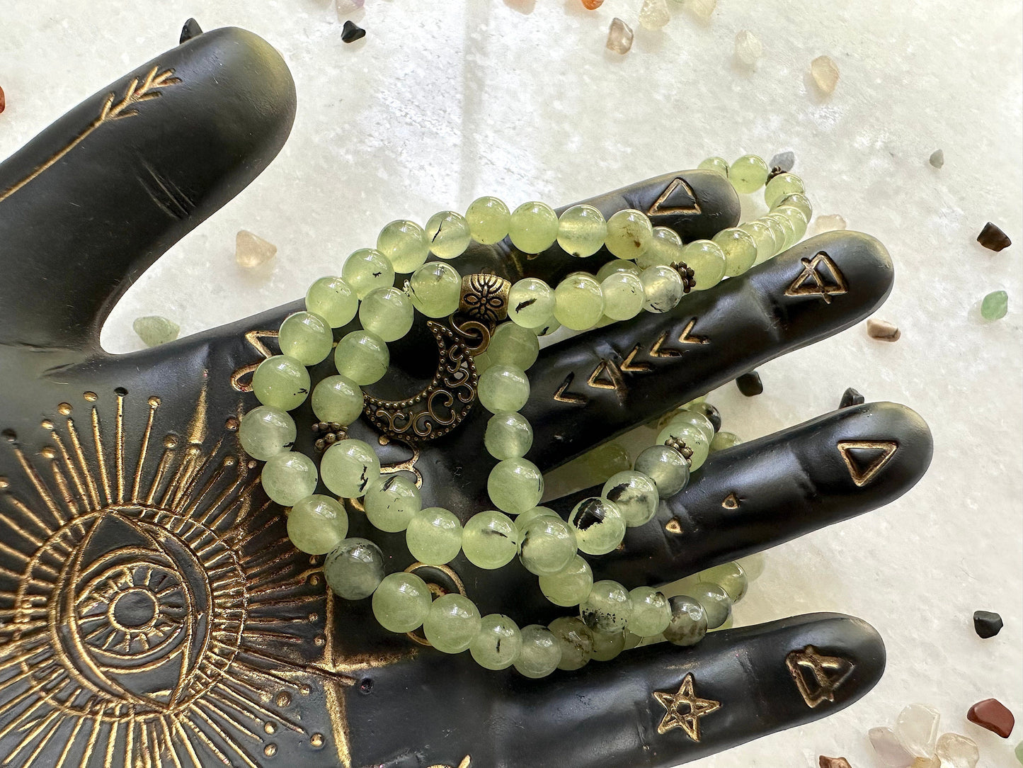 Prehnite Prayer Beads & Wrist Mala. Elastic