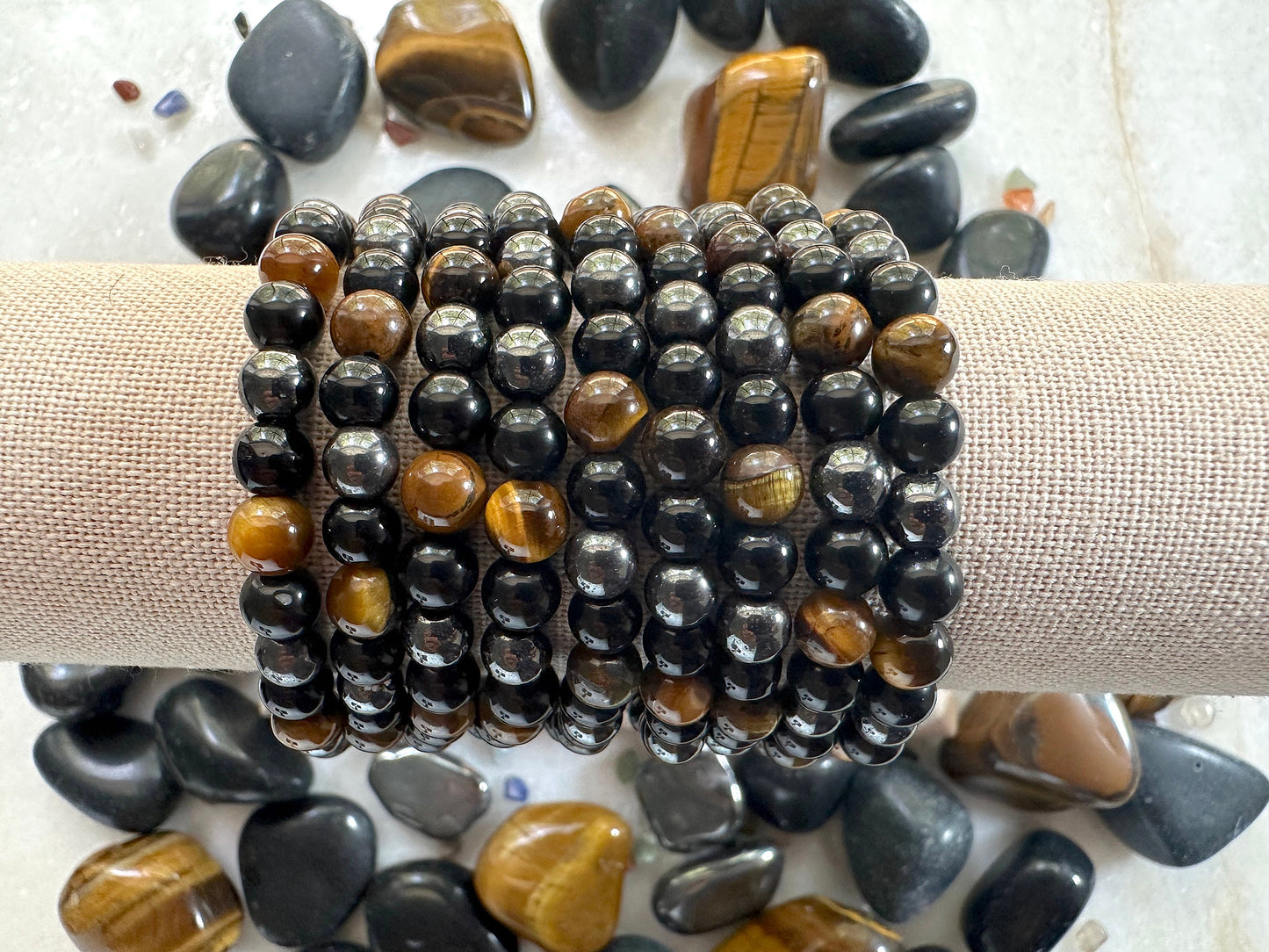 Triple Protection bracelet. 6mm Beads Hematite, Obsidian and Tiger Eye Bracelet