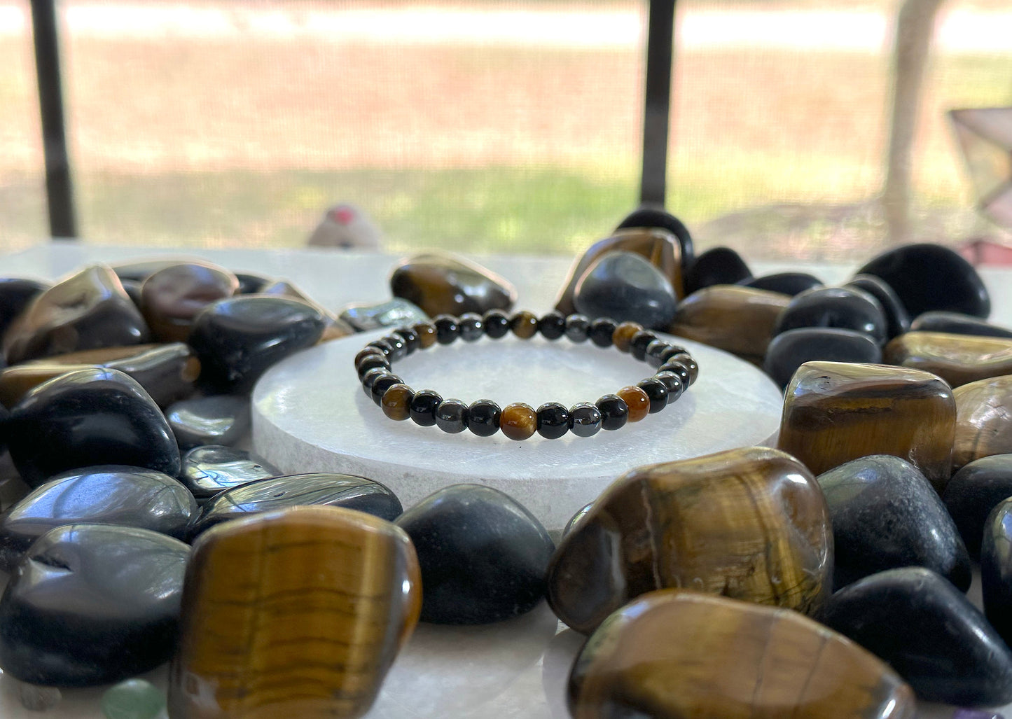 Triple Protection bracelet. 6mm Beads Hematite, Obsidian and Tiger Eye Bracelet