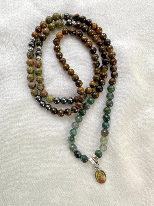 Lady of Guadalupe Gemstone Prayer Necklace and Wrist Mala. Elastic